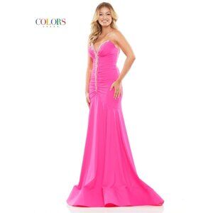 NWT HOT PINK Size 14 Strapless FIt & Flare Prom Dress. Rhinestones. Mermaid Hem